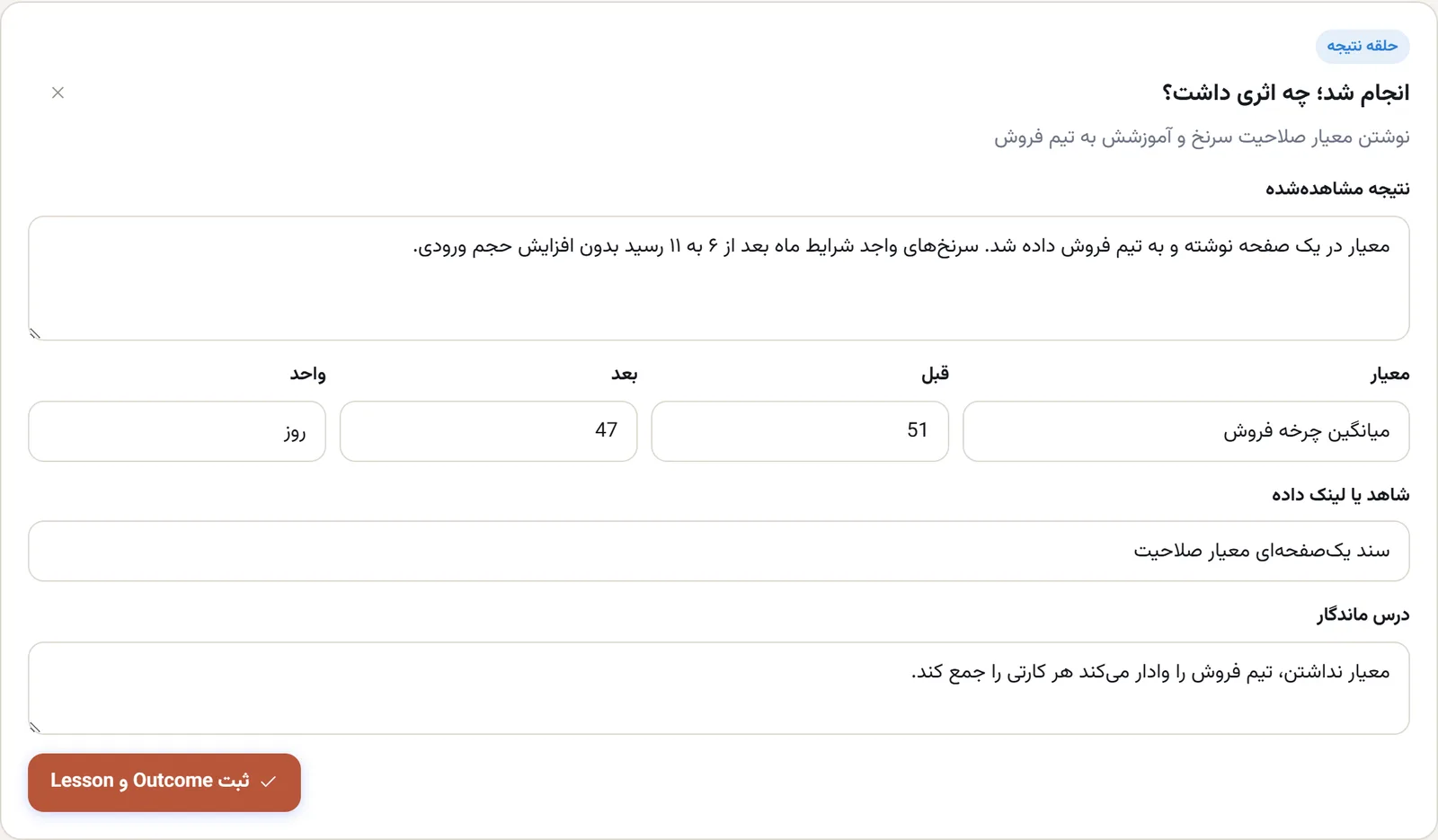 فرم حلقهی نتیجه برای تعهد «نوشتن معیار صلاحیت سرنخ»: نتیجهی مشاهدهشده، معیار «میانگین چرخه فروش» قبل ۵۱ بعد ۴۷ روز، شاهد «سند یکصفحهای معیار صلاحیت»، و درس ماندگار