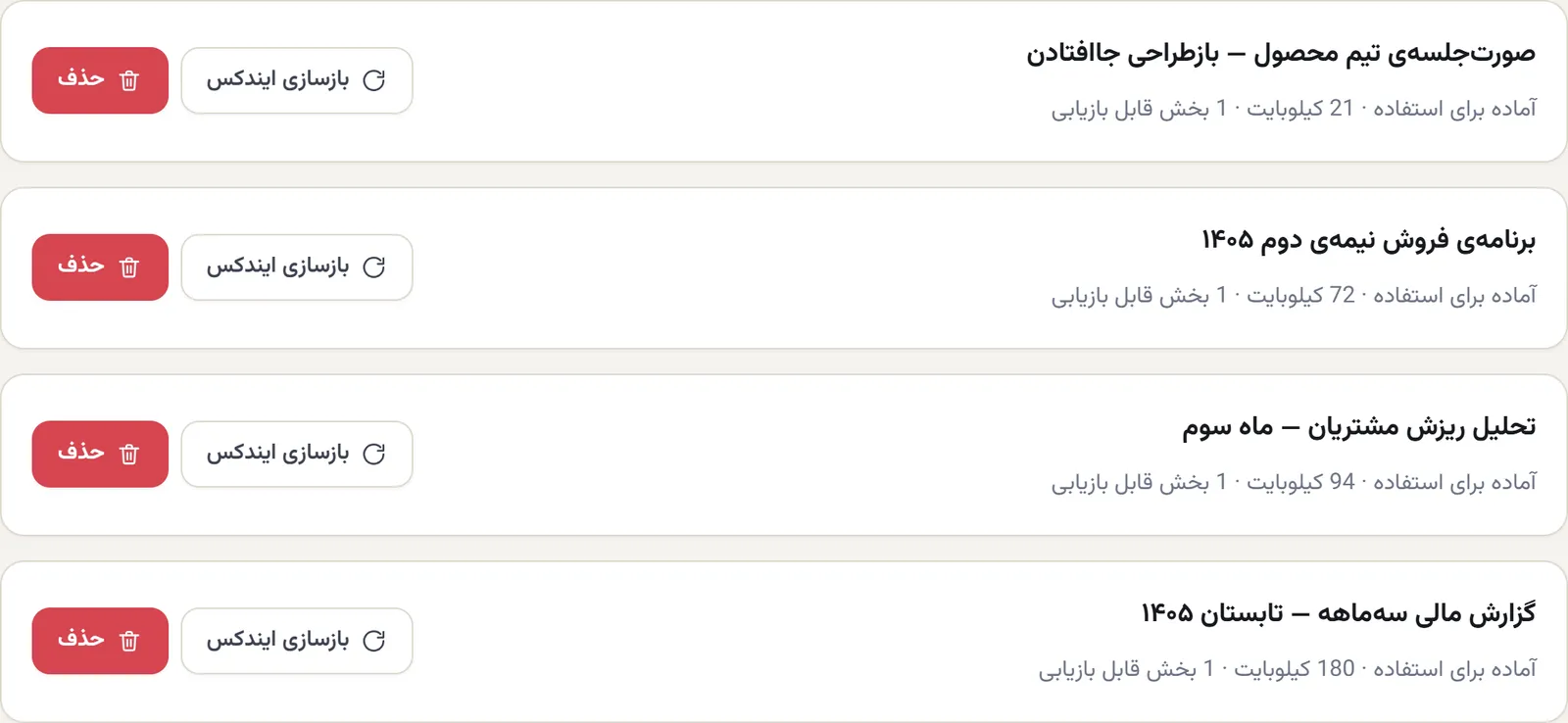 ردیفهای سند: صورتجلسهی تیم محصول، برنامهی فروش نیمهی دوم، تحلیل ریزش مشتریان، گزارش مالی سهماهه — هر کدام با وضعیت آماده برای استفاده، حجم، تعداد بخش قابل بازیابی، و دکمههای بازسازی ایندکس و حذف
