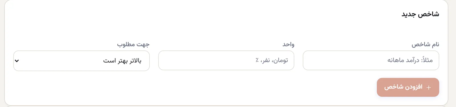 فرم شاخص جدید: نام شاخص، واحد، جهت مطلوب (بالاتر بهتر است) و دکمهی افزودن شاخص
