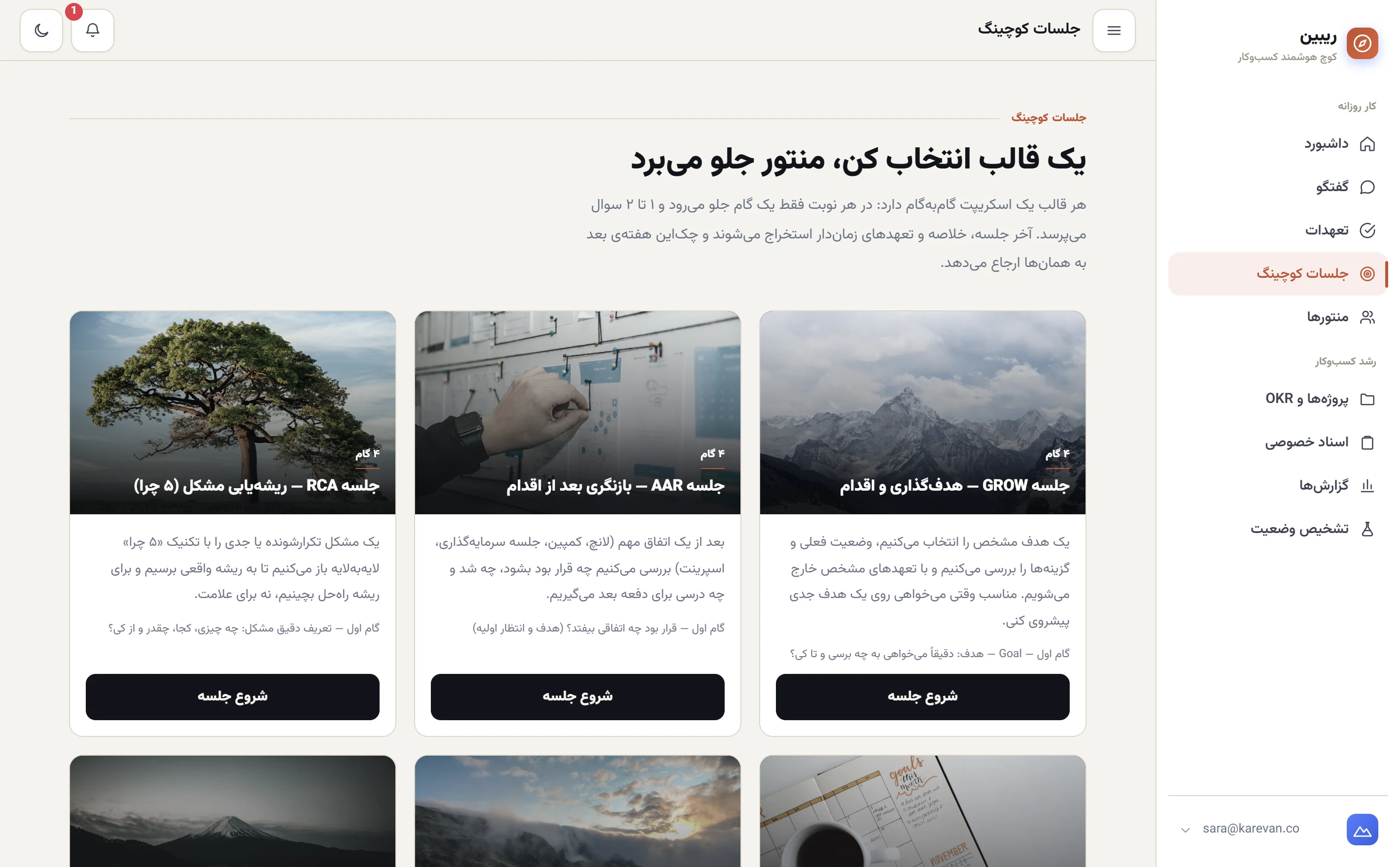 صفحه جلسات کوچینگ ریبین با نه قالب: GROW، AAR، RCA، چک‌این هفتگی، پری‌مورتم، پست‌مورتم، PDCA و دروازه فاز