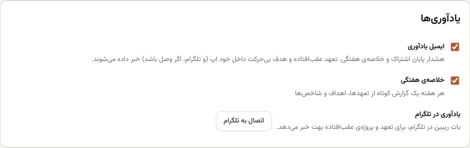 بخش یادآوریها در تنظیمات: سوئیچ ایمیل یادآوری و خلاصهی هفتگی، و ردیف «یادآوری در تلگرام» با دکمهی اتصال به تلگرام
